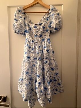 Altar’d state White & Blue Floral Puff Sleeve Midi Dress